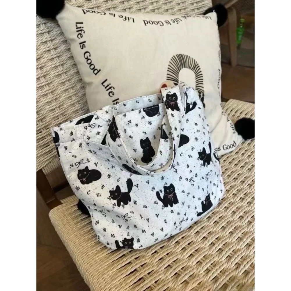 Small Black Cat Print White Tote Bag